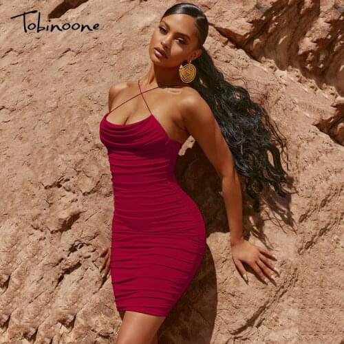 Tobinoone Spaghetti Strap Solid Sexy Dress Women Criss Cross Slim Pleated Bodycon Mini Dresses Backless Party Summer Vestidos