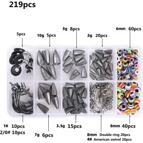 219Pcs/set Fishing Weights Sinkers Rig Lure Kits Texas Fishing Beads With Tackle Box
