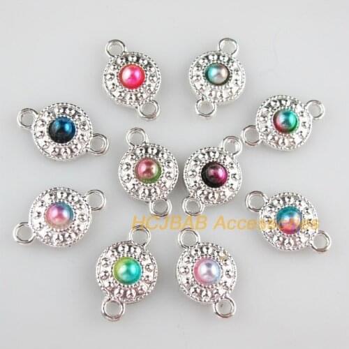 30 New Round Charms Mixed Acrylic Flower Connectors Silver Plated 11x18mm