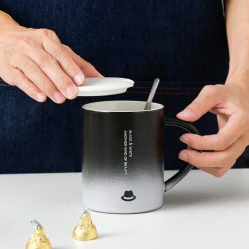 380ml Gradient Mug Large Capacity Porcelain Cup with Lid Spoon for Couples European Style Simple Tonal Home Milk Coffee Cup