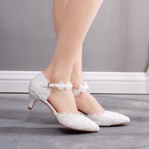 Elegant Thin 5CM High Heels Women Sandals White Wedding Shoes Lace Buckle Strap Pointed Toe Fashion Pumps