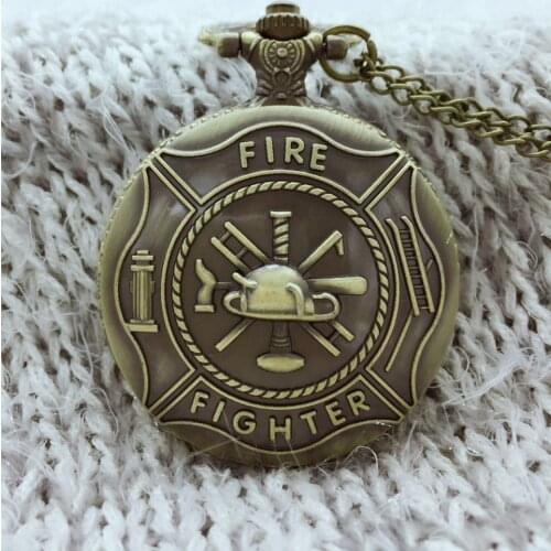 Bronze Fire Fighter Pocket Watch Necklace Pendant Chain Xmas Gift Christmas gifts Men And woman PB86