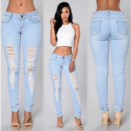 Blue Mid Waist Push Up Jeans Women Stretch Ripped Hole Denim Girls Pants Femme Cotton Skinny Sexy Trousers Ladies Female