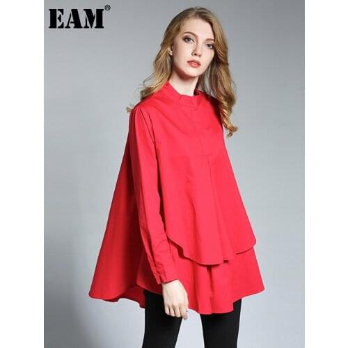 [EAM] Women White Ruffles Big Size Blouse New Stand Collar Long Sleeve Loose Fit Shirt Fashion Tide Spring Autumn 2021 1DD6244