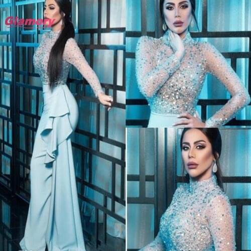 Light Blue High-necked Long-Sleeved Ruffled Beaded Mermaid Ball Gown For Arab Women Muslim Lslamic Evening Dress