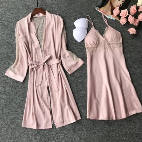 Black Lace Home Wear Women Nightgown Sets Transparent Bathrobe With Chest Pad Female Satin Kimono Gown Sleepwear Robes Suit 971