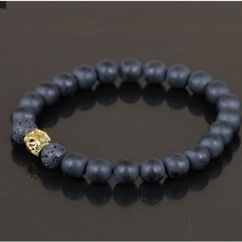 KEJIALAI 1Pc Men Matte Black Beads Bracelet Golden Skull Bracelet Jewelry Black Lava Rock Beads Bracelet Stretch Bracelet M-L112