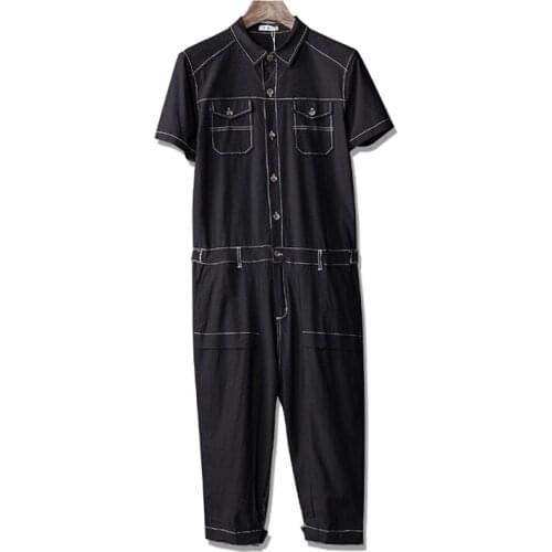 Summer 2018 New Fashion Mens Short Sleeve Black Slim Denim Jumpsuits Overalls , Casual Pockets Jeans Shorts Overall For Men