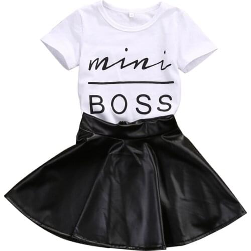 Toddler Kids Girl Clothes Set 2018 New Fashion Summer Short Sleeve White Cotton T-shirt Tops+Leather Skirt 2Pcs Children Clothes