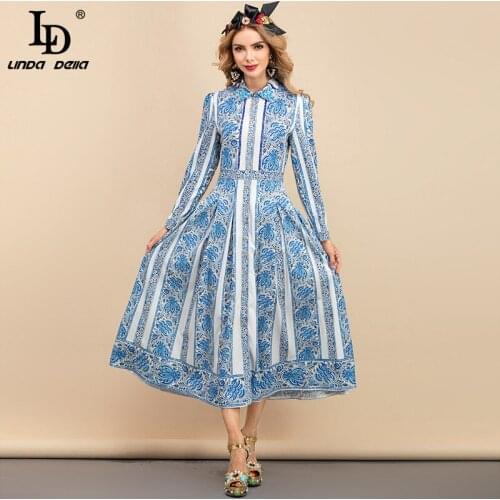 LD LINDA DELLA 2021 Summer Fashion Runway Long Dress Womens Turn-down Collar Blue Flower Print Bohemian Holiday Dress Vestdios