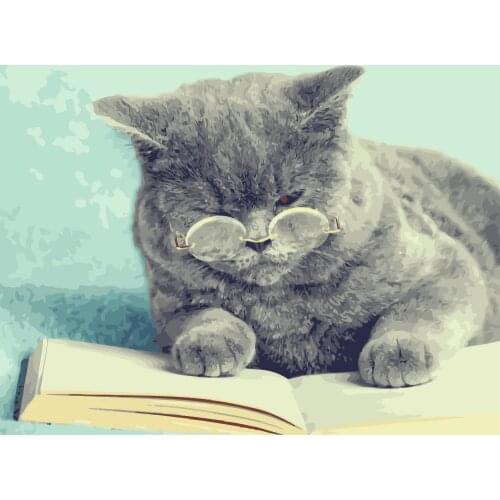 MaHuaf-i587 smart Cat with glasses reading DIY oil painting by Numbers animal Hand-painted canvas oil paintings for home Decor