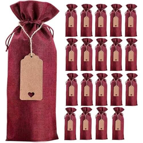 Burlap Wine Bags Wine Gift Bags, 20 Pcs Wine Bottle Bags with Drawstring, Tag & Rope, Reusable Wine Bottle Covers Bags