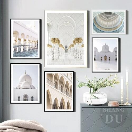 Trendy Islamic White Dome Building Mosque Travel Canvas Poster Painting Wall Art Print Pictures Living Room Home Interior Decor