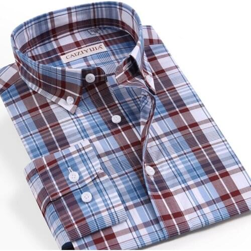 Pure Cotton Checkered Shirts Men Long Sleeved Smart Casual Business Men Dress Shirts Button Collar Pocketless Quality mens tops