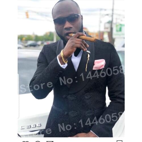 Men Double Breasted Suits 2018 Elegant Design Slim Fit Groomsmen Wedding Tuxedo Jacket Black Floral Groom Wedding Suits For Men