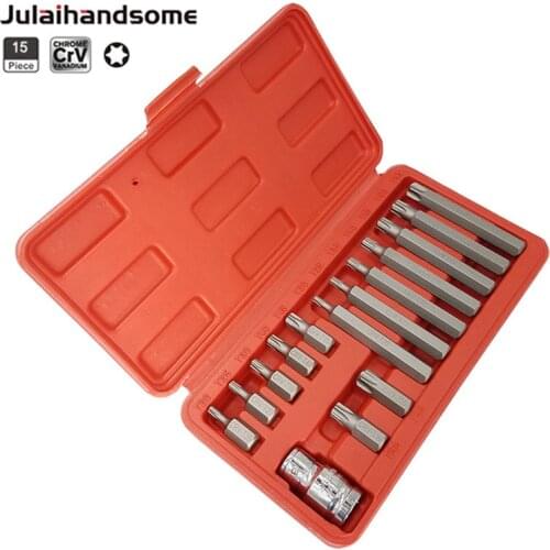 Julaihandsome 15PC 1/2" Metric Torque Torx Star Drive Socket Bit Set CR-V Torx Bit Set Hand Tool Set T20-T55