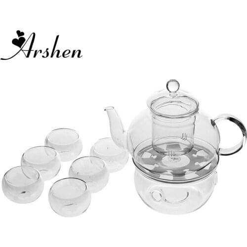 Arshen Teaware Set Heat-resistant Glass 400ML Teapot Set Infuser Teapot with Warmer and 6 Pcs Double Wall Tea Cups Super Quality