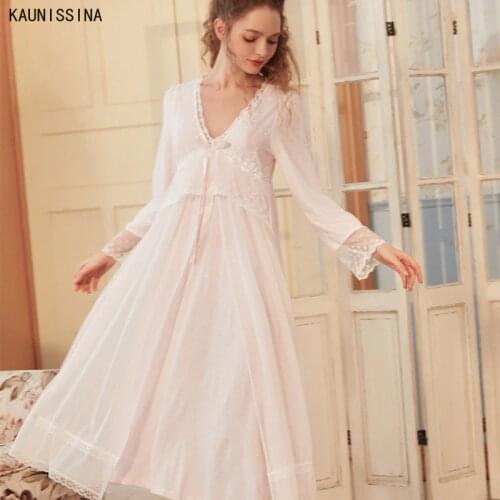 Women Lace Princess Nightgown Autumn Long Nightdress Long Sleeve V-Neck Mid-Calf Retro Court Style Sleep Loungewear Night Dress