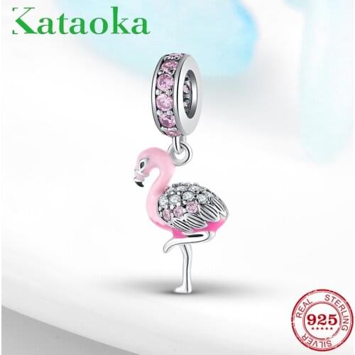 Authentic 925 Sterling Silver Pink Enamel sparkling flamingo CZ fine beads Fit Original Kataoka Charms Bracelets making