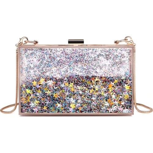 Transparent Rectangular Liquid Quicksand Acrylic Clutch Evening Bag Women Shoulder Bags Sequins star Party Clear Purse Handbag