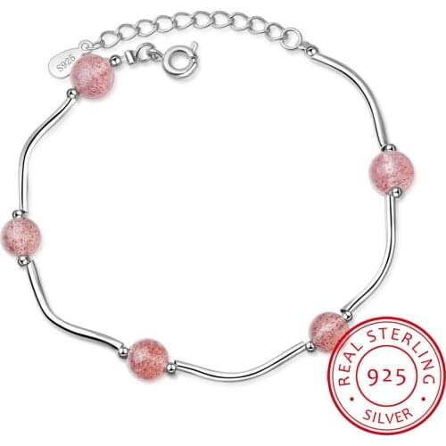 Five Natural Strawberry Crystal Lucky Beads Bracelet For Women Best Gift 925 Sterling Silver Bracelet Bangles S-B19