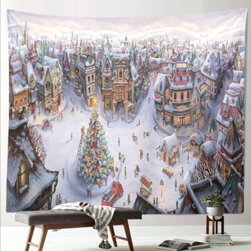 Christmas theme Christmas tree tapestry wall carpet background cloth Beautiful snow scene Santa Claus Home decoration