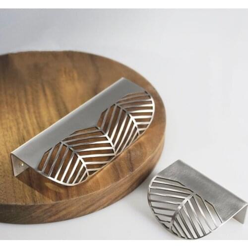 Door Handle Catch Pull Grip for Furniture Cabinet Drawer 6cm 11.7cm Leaf Hollow out Modern Silver Stainless Steel