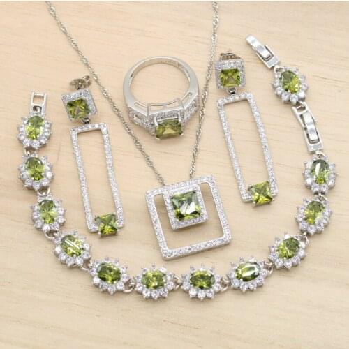 Silver Color Jewelry Sets For Women Wedding Long Earrings Pendant Necklace Bracelet Ring Olive Green Cubic Zircon Christmas Gift