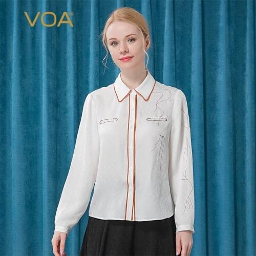 VOA Orange Doll Collar Striped Single-breasted Brown Embroidered Tree Pattern Long Sleeve Jacquard Silk Tops White Shirt BE253