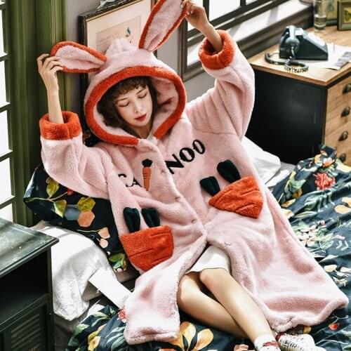 Winter Women Long Sleeve Nightgown Hooded Flannel Nightgowns Girls Night Dress Sleepwear Cute Princess Coral Fleece Bathrobe