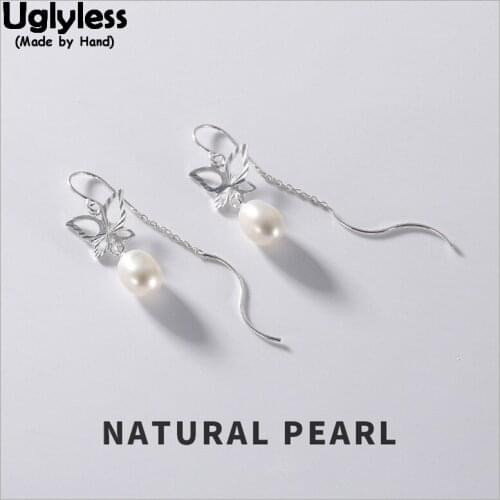 Uglyless Handmade Hollow Butterfly Earrings for Women Real Solid 925 Silver Fine Jewelry Natural Pearls Earrings Long Ear Lines
