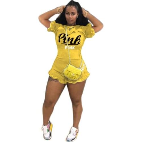 PINK 2 Piece Sets Womens Two Piece Outfits Summer 2021 New Product Classic T-Shirt Top And Skinny Shorts Sexy Club Party Wear