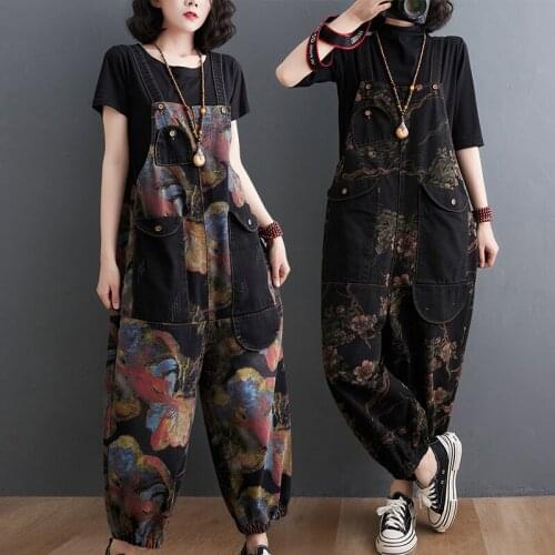 Women Loose Long Denim Jumpsuis Women Strap Harem Pants Pockets Casual Printed Floral Overalls Rompers Low Crotch Washed 2021
