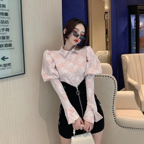 Spring Korean Set Women 2021 Bubble Sleeve Jacquard Sweet Shirt+High Waist Lace Denim Short Skirt Fashion Retro Two Piece Set