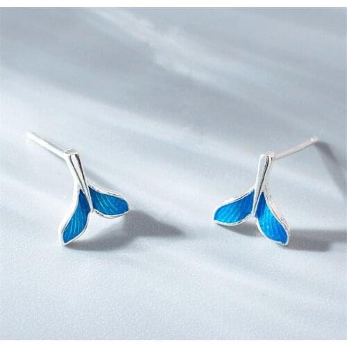 2021 New 925 Sterling Silver Blue Mermaid Tail Charm Stud Earring For Women Party Jewelry Pendientes Accessories eh1082