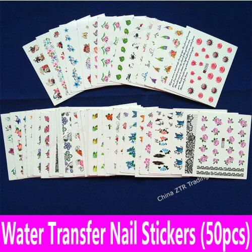 50pcs 1set Nail Art Water Transfer Decals Water Transfer Nail Stickers Mixed Pattern Designs Nail Decoration Sticker Tools sheet