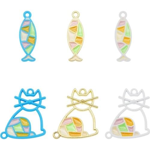 Julie Wang 6PCS Enamel Cat Fish Charms Mixed Spray-painted Animal Connector Pendant Bracelet Earrings Jewelry Making Accessory