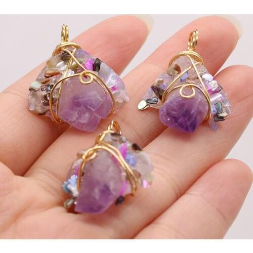 Natural Irregular Amethyst Wrapped Gold Thread Pendant DIY Elegant Charm Necklace Sweater Chain Jewelry Accessories Making