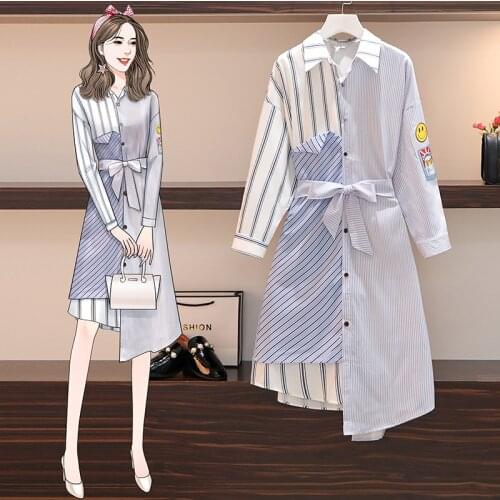 EHQAXIN Plus Size Women Striped Patchwork Shirt Dress Summer 2021 Patch Long Sleeve Bow Lace-Up Loose Casual Asymmetric Dresses