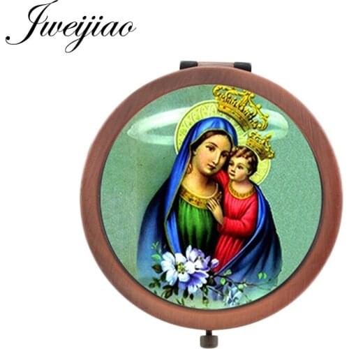 Youhaken Mother and daughter pocket mirror Virgin Mary Mini Round Hand Mirror Design Vintage Copper Metal Mirrors MY01