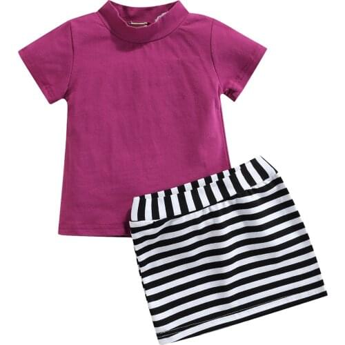 OPPERIAYA Baby Girls Outfits Two Piece Summer Suit Fashion Turtle Neck Solid Color Short Sleeve T-shirt and Striped Short Skirt