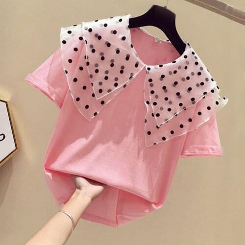 Summer Kids T-Shirt Cotton Tees Girl Clothes Top Short Sleeve Polka dot Doll Collar Blouse Children Green Pink White