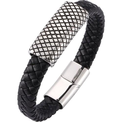 Fashion Men Jewelry Stainless Steel Charm Bracelet Leather Woven Men Magnetic buckle Bracelet Jewelry Gifts SP0323