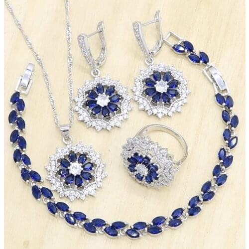 Bride Blue Stones Silver Color Jewelry Sets for Women Wedding Bracelet Earrings Pendant Necklace Rings Birthday Gift Dubai