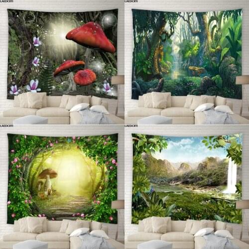 Psychedelic Forest Tapestry Tropical Green Plants Flower Mushroom Scenery Background Wall Hanging Living Room Bedroom Home Decor