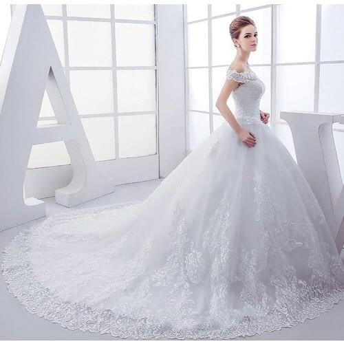 Ensotek Luxury Lace Embroidery 2019 Wedding Dresses 100cm Long Train Off the Shouler Elegant Plus size Vestido De Noiva Bride