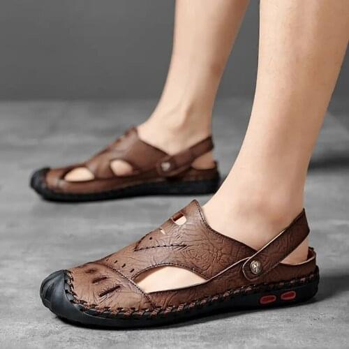 Summer Mens Sandals Leather Covered Soft Bottom Anti Slip Casual Sandals Mesh Hollow Breathable Beach Shoes Black Brown Khaki