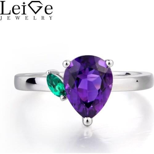 Leige Jewelry Natural Amethyst Ring Promise Ring February Birthstone Pear Cut Purple Gemstone 925 Sterling Silver Gifts for Her