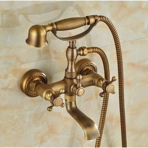 Vintage Antique Brass Wall Mounted Bathroom Tub Faucet Set with 1500MM Handheld Shower Spray Head Mixer Tap 2tf023