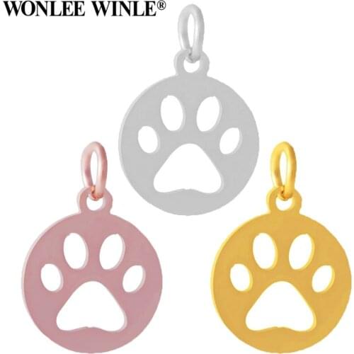 Wonlee Winle Silver Rose Gold Never Fade Stainless Steel Round Pets Paw Charm Pendants for DIY Bracelet Necklace Jewelry Making
